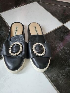 Karl Lagerfeld Black Slip-On Mule Sneakers with Crystal Buckle. Size 9